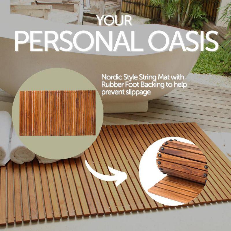 Nordic Teak 59" x 35" Extra Large Oiled Shower and Bath String Mat with Rubber Footing - Brown