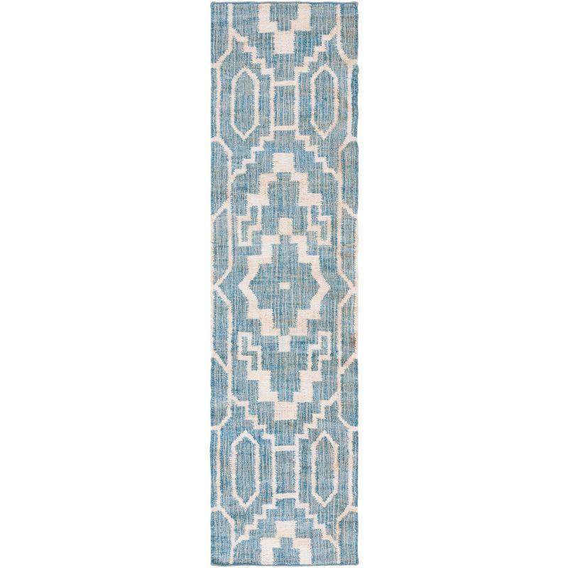 Blue and Ivory Geometric Hand-Woven Natural Fiber Runner Rug