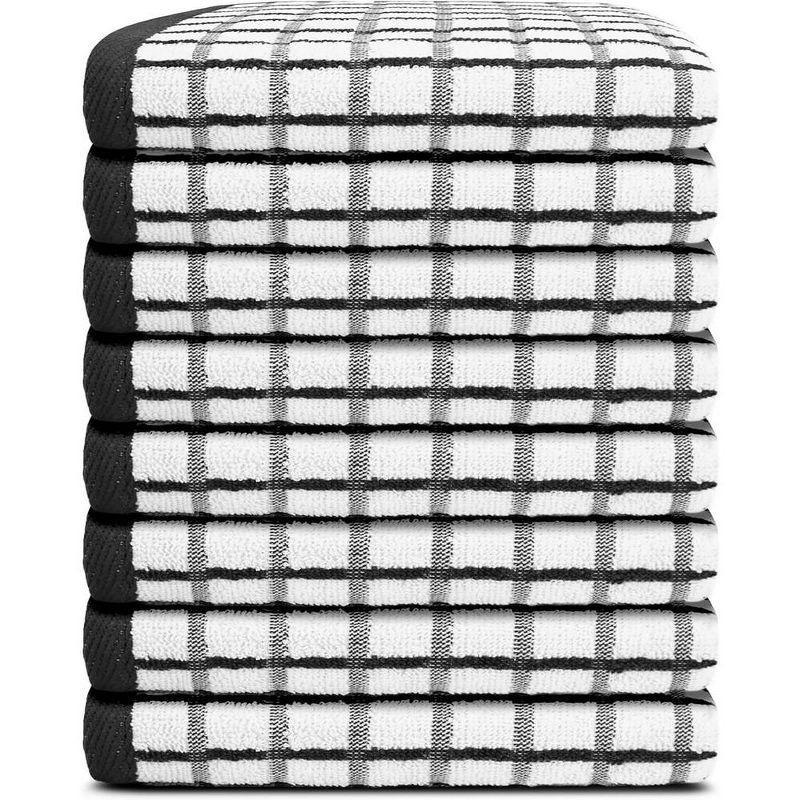 White Classic 100% Cotton Checkered Design Kitchen Towel Set of 8 - 16x26" Black