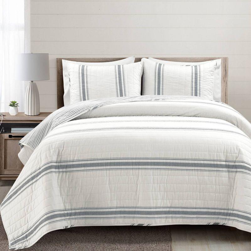 3pc Full/Queen Farmhouse Striped Reversible Quilt Bedding Set Dark Gray - Lush Décor: Cotton & Microfiber, Machine Washable
