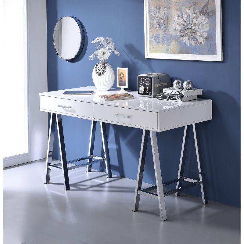 Modern White Wood Desk with Chrome Sawhorse Legs and Dual Drawers