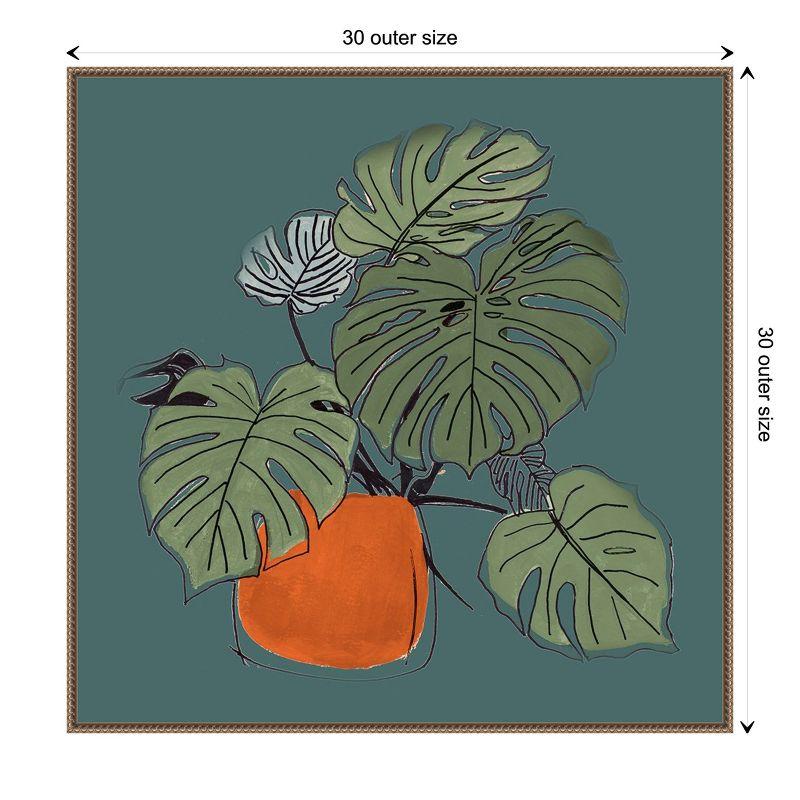 Teal and Orange Retro Potted Plant Canvas Art with Bronze Frame