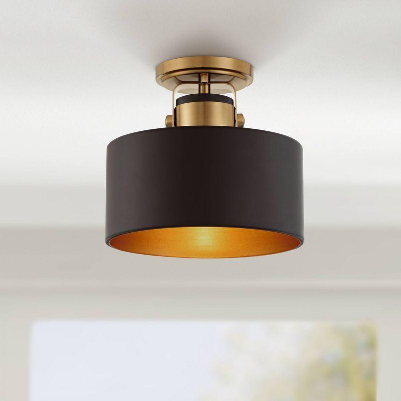 Possini Euro Design Modern Ceiling Light Semi Flush Mount Fixture 10" Wide Soft Gold Metal Black Drum Shade for Bedroom Kitchen