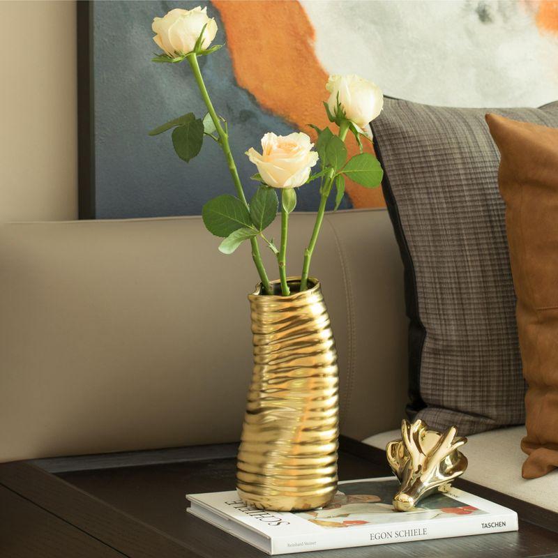 Mercer41 Baftjar 9-Inch Tall Ceramic Bent Melted Modern Style Sculpture Table Centerpiece Flower Vase, a Unique and Decorative Vase in an Elegant Gold Finish, Perfect for Adding Sophistication to Home or Office Décor