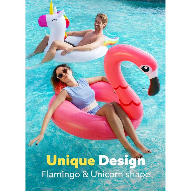 Joyfy 2 Packs Pool Floats Tube, Inflatable Unicorn Flamingo Pool Toys Floaties with Headrest, Pool Swim Ring for Kids Adults Beach Lake Summer Fun