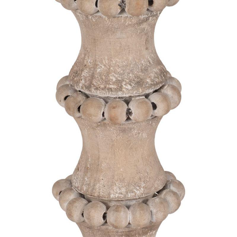 Wood Pillar Candle Holder with Decorative Beads, Antique Finish Candlestick for Home or Wedding Decor, Ivory/Beige