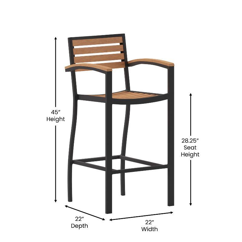 Flash Furniture Lark Commercial Grade Bar Height Stool with Arms, All-Weather Outdoor Bar Stool with Faux Wood Poly Resin Slats and Aluminum Frame