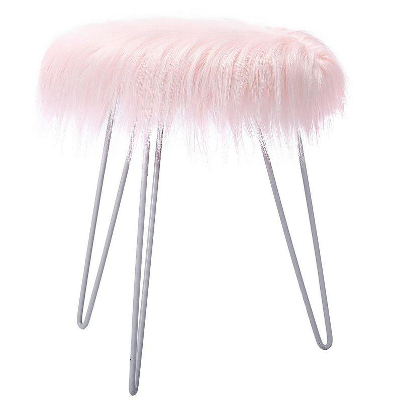 BirdRock Home Round Faux Fur Foot Stool Ottoman - Pink with White Legs