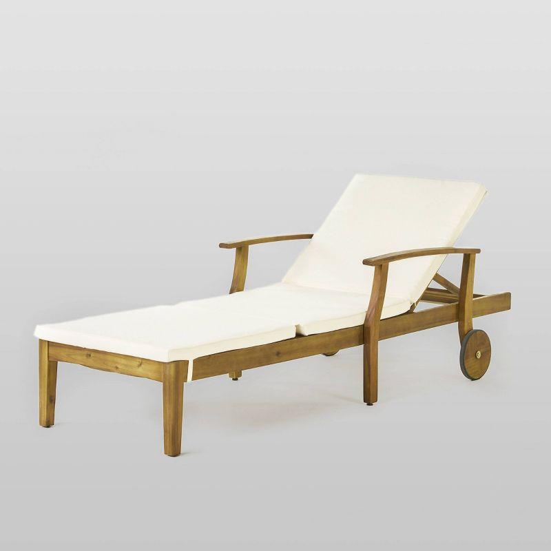 Perla Acacia Chaise Lounge - Teak/Cream - Christopher Knight Home: Patio Furniture with Wheels