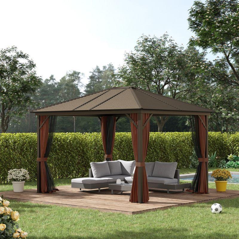 Outsunny 10' x12' Hardtop Gazebo with Aluminum Frame, Permanent Metal Roof Gazebo Canopy with 2 Hooks, Curtains and Netting for Garden