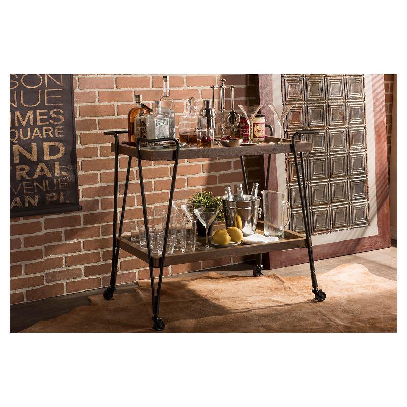 Jessica Rustic Industrial Style Textured Finish Metal Distressed Ash Wood Mobile Serving Bar Cart - Black & Brown - Baxton Studio