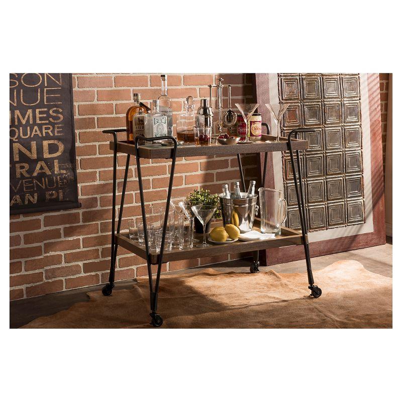 Rustic Industrial Black & Brown Mobile Serving Bar Cart with Wine Rack