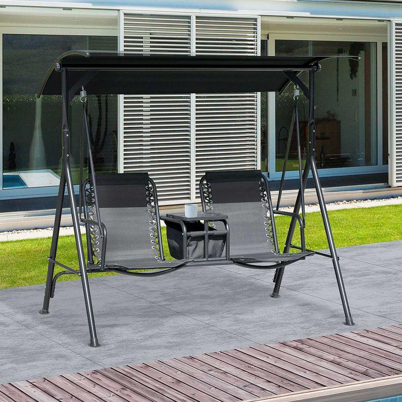 Deluxe Black Covered Porch Swing with Adjustable Canopy and Storage