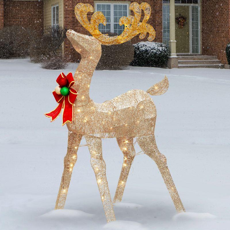 48" Prelit Crystal Splendor Champagne Reindeer with Red Bow