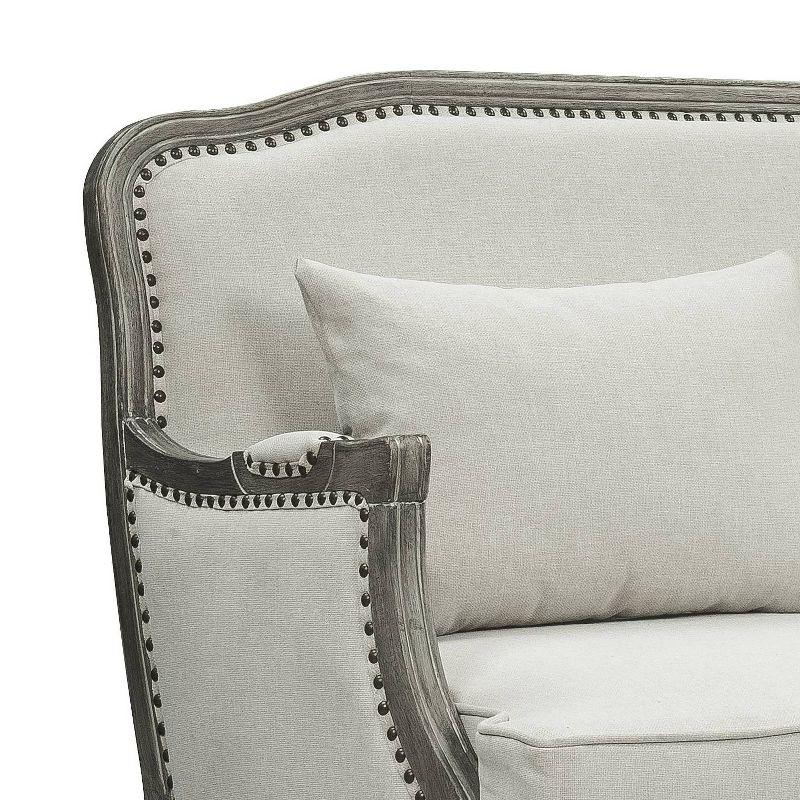 76" Tania Sofa Cream Linen, Brown Finish, Carved Detail - Acme Furniture: No Assembly, Nailhead Trim