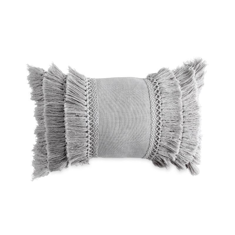 Gray Cotton Rectangular Fringe Decorative Pillow