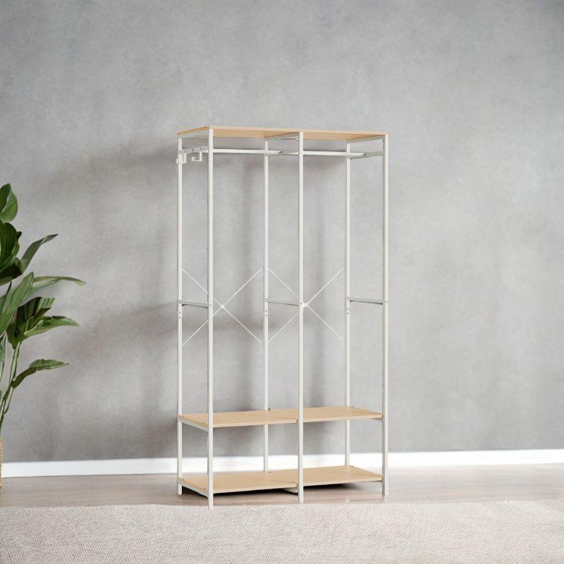 Wardrobe Closet Organizer Clothing Storage Iron and Wood Heavy Duty Clothes Rack with Hanging Rods, Shelves, and Removable Hooks 15.7 x 37.2 x 70.9