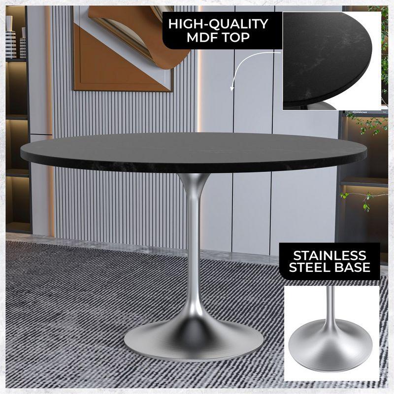 LeisureMod Verve Mid-Century Modern 48" Round Table with MDF Top and Brushed Chrome Pedestal Base for Dining Room and Kitchen in Black