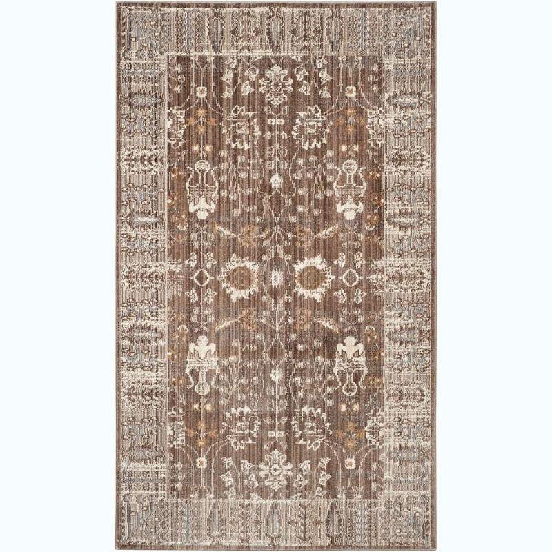 Brown and Beige Floral Bordered Synthetic Area Rug