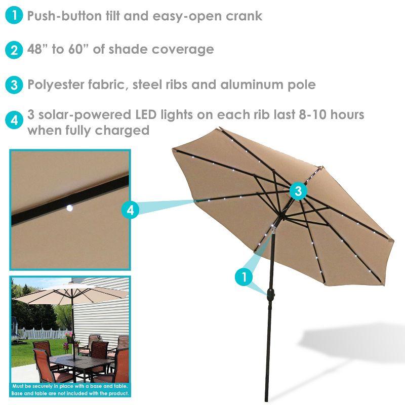 Sunnydaze Outdoor Solar Patio Umbrella with Polyester Canopy, LED Lights and Push Button Tilt and Crank - 9' - Beige