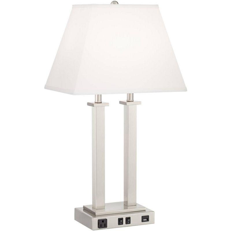 Possini Euro Design Amity Modern Table Lamp 26" High Brushed Nickel with USB and AC Power Outlet in Base White Linen Shade for Bedroom Bedside Desk