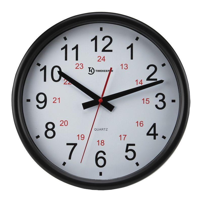 Timekeeper 14-In. Quartz Black and White Indoor/Outdoor Wall Clock with Standard and Military Time, Black and Red Hands, and Black Rim