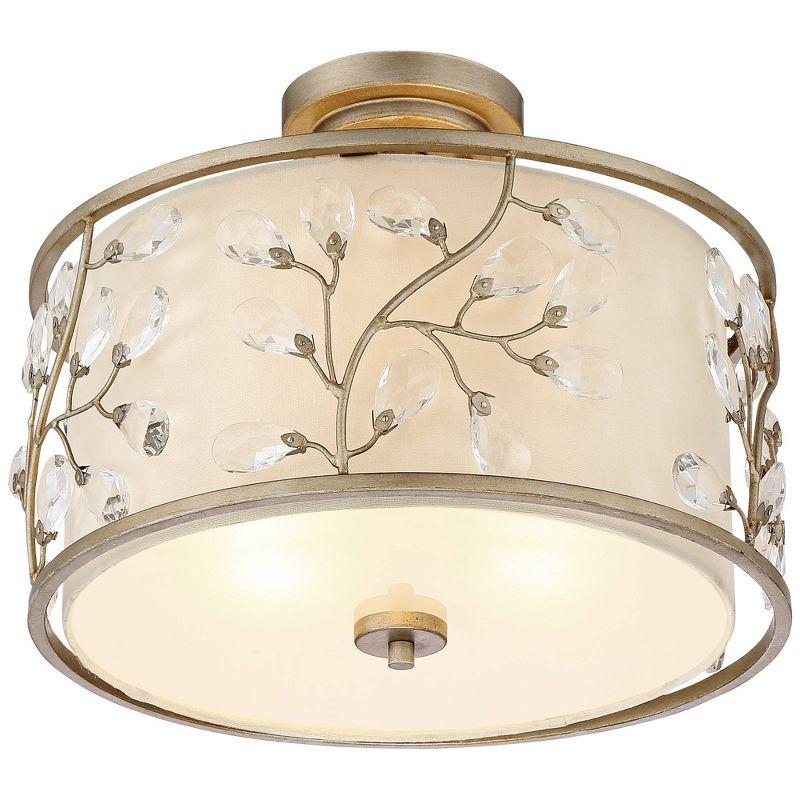 Barnes and Ivy Crystal Buds Vintage Ceiling Light Semi Flush Mount Fixture 16" Wide Antique Silver 3-Light Beige Fabric Drum Shade for Bedroom Kitchen