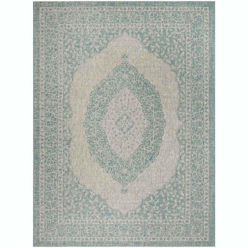 Light Grey and Aqua Floral Motif Outdoor Area Rug