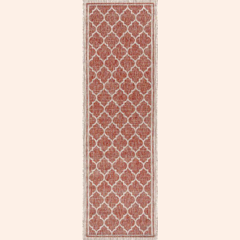 2' X 10' Trebol Moroccan Trellis Textured Weave Indoor/Outdoor Runner Rug, Red/Beige - JONATHAN Y