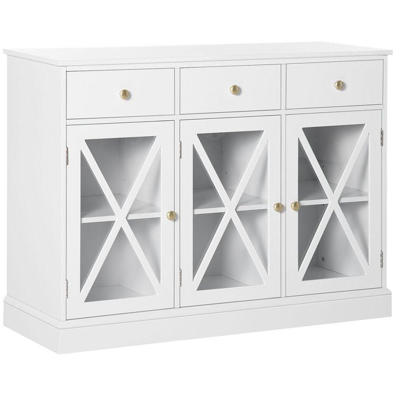 Gracie Oaks 45" Farmhouse Sideboard Buffet Cabinet, Credenza,Coffee Bar Cabinet with Glass Doors and 3 Drawers, White