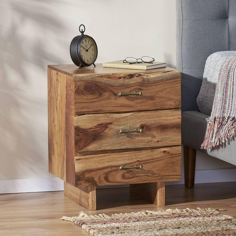 Terrell Handcrafted Boho Acacia Wood 3 Drawer Nightstand Dark Natural - Christopher Knight Home: Antique Brass Handles, Storage