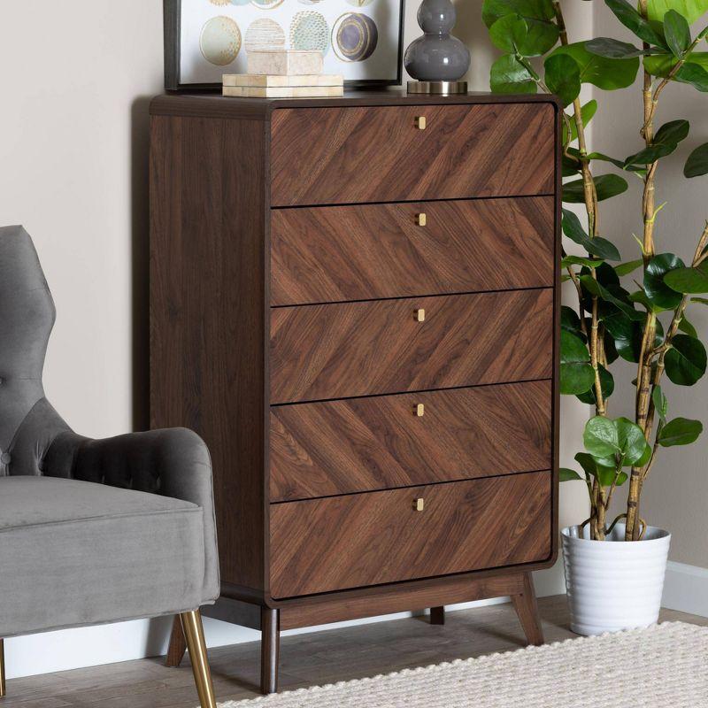 Baxton Studio Markell Wood 5 Drawer Storage Chest Walnut Brown/Gold: Mid-Century Modern Design, Bedroom Organizer