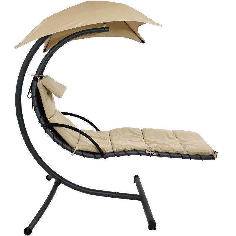 Beige Hanging Chaise Lounge Chair with Canopy and Cushions