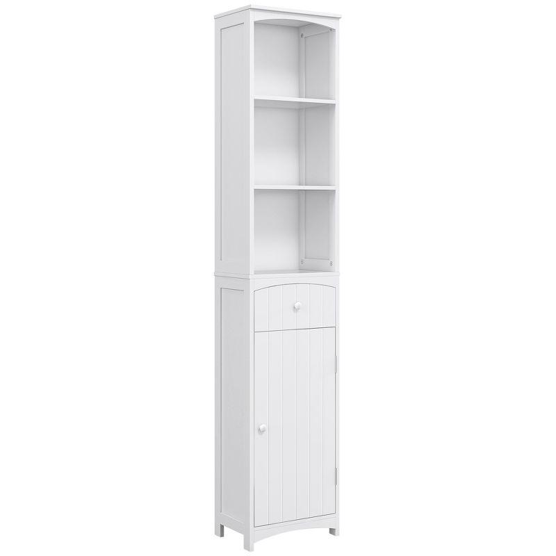 Slim White Free-Standing Bathroom Linen Tower with Storage Shelves and Drawer