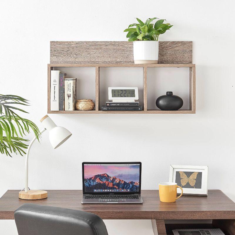 Danya B. 31.5" x 15.7" Modern 3 Cube Floating Wall Shelf with Display Ledge Weathered Oak: Laminated MDF, Iron Hardware