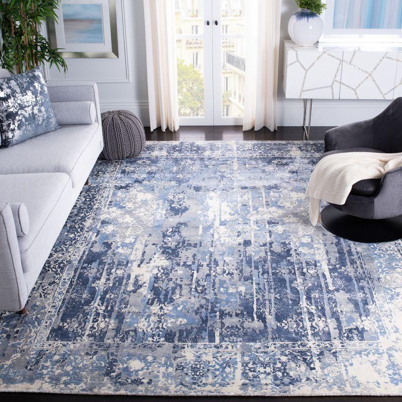 Ivory and Blue Abstract Hand-Knotted Wool Viscose Rug, 6' x 9'