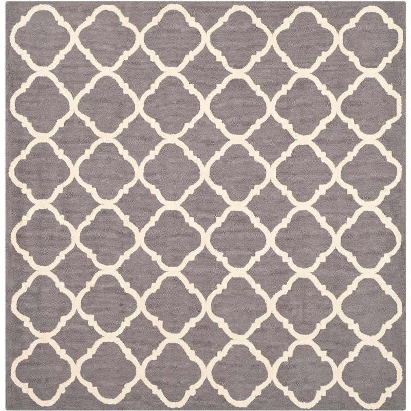 Grey and Ivory Hand-Hooked Wool Geometric Square Rug