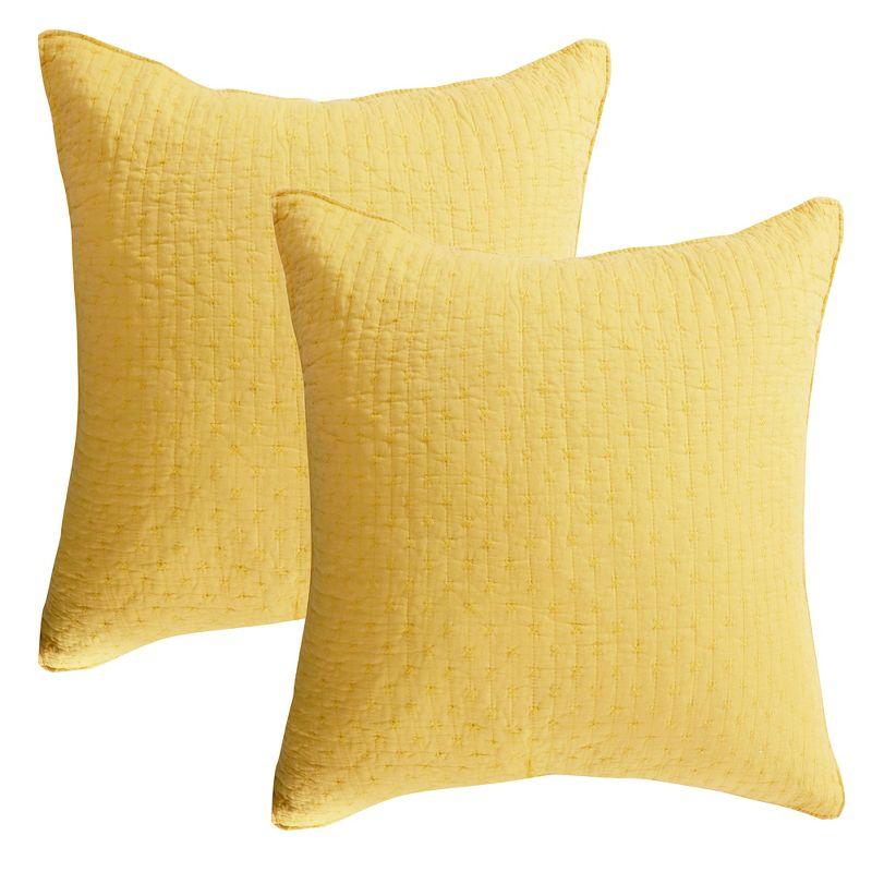 Sunlit Yellow Cross Stitched Cotton Euro Sham Set