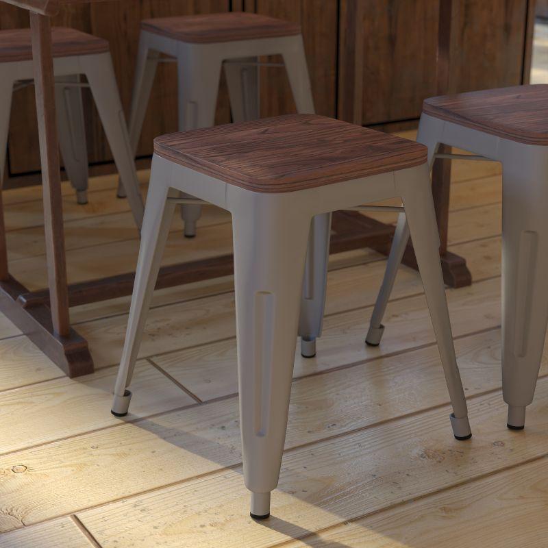 Flash Furniture 18" Backless Table Height Stool with Wooden Seat, Stackable Silver Metal Indoor Dining Stool, Commercial Grade - Set of 4