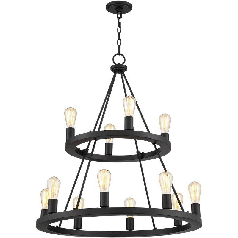 Franklin Iron Works Lacey Black Wagon Wheel Chandelier 29 1/4" Wide Industrial Rustic LED 2-Tier 12-Light Fixture for Dining Room Foyer Kitchen Island