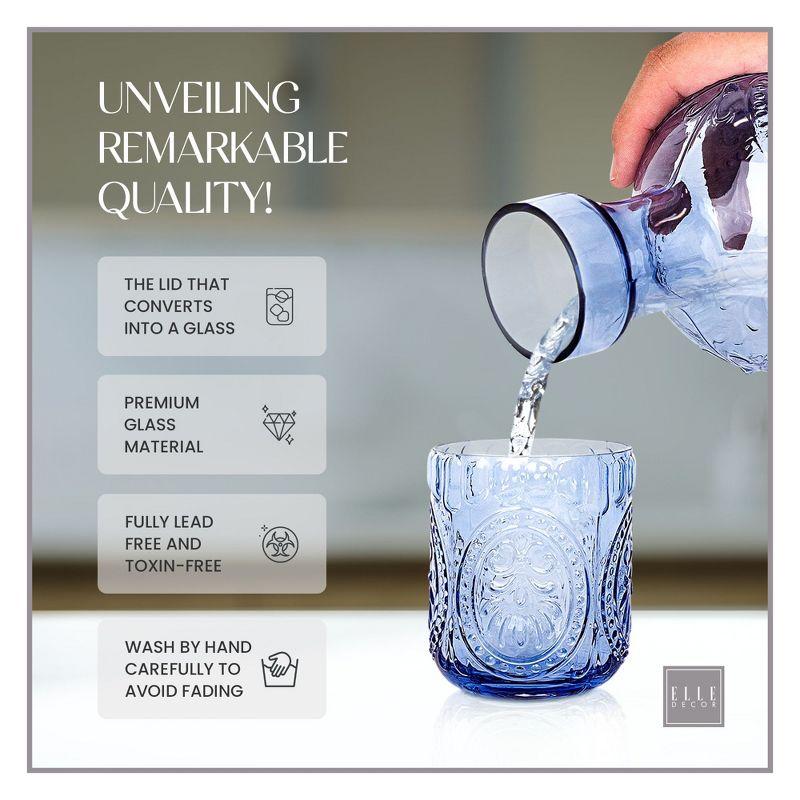 Elle Decor 2-Piece Carafe Set, Bedside Night Water Carafe, Glass Pitcher and Cup that Doubles as a Lid, Perfect for Desktop/Shelf (Blue)