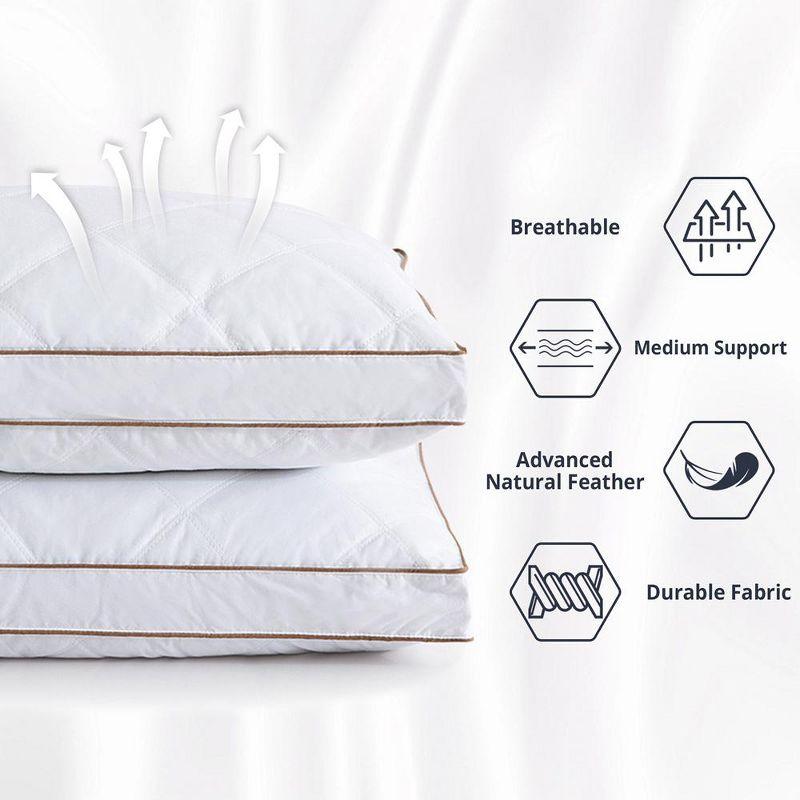 Peace Nest Goose Feather Down Pillow White Quilted Cotton Cover Set of 2