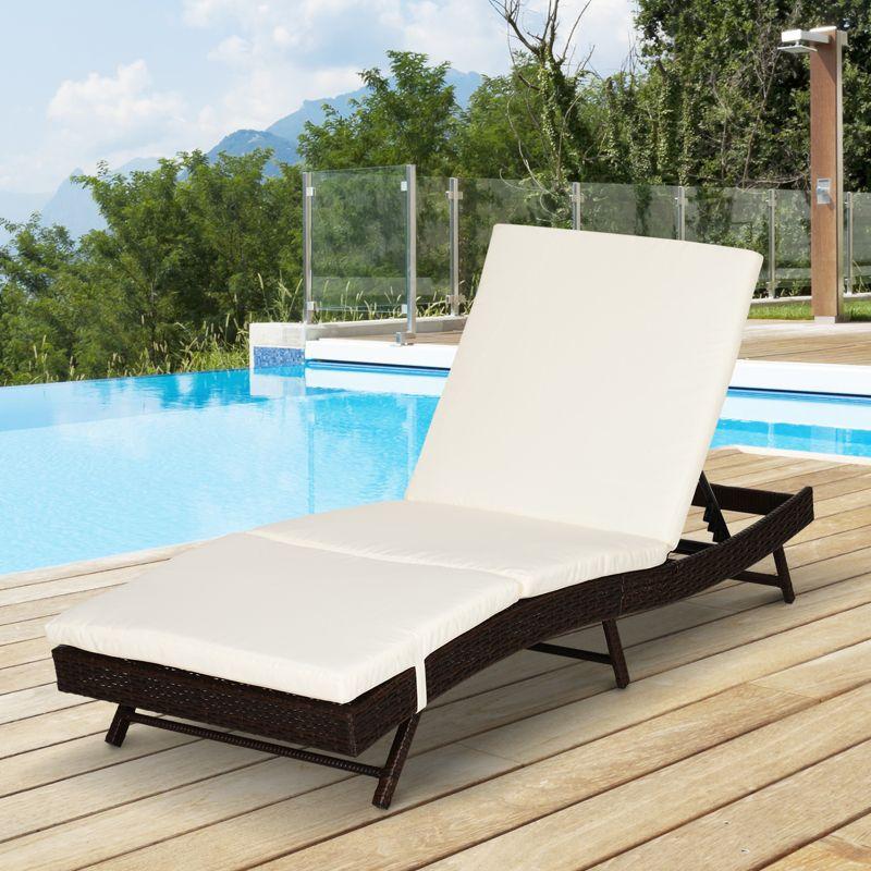 Outsunny Patio Chaise Lounge, Pool Chair with 5 Position Adjustable Backrest & Cushion, Outdoor PE Rattan Wicker Sun Tanning Seat, 28", Cream