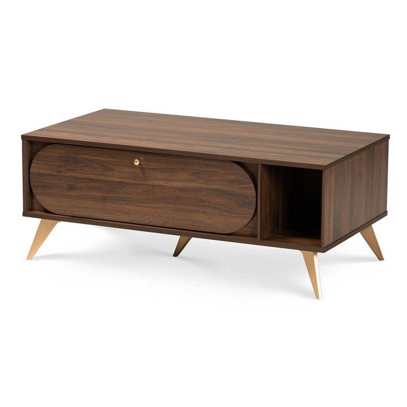 Walnut Brown and Gold Mid-Century Modern Coffee Table with Storage