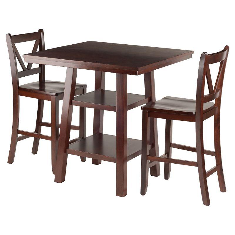 Transitional 33" Square Walnut Pub Table Set with Storage & 2 V-Back Chairs