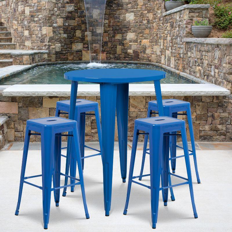 Flash Furniture Commercial Grade 30" Round Blue Metal Indoor-Outdoor Bar Table Set with 4 Square Seat Backless Stools