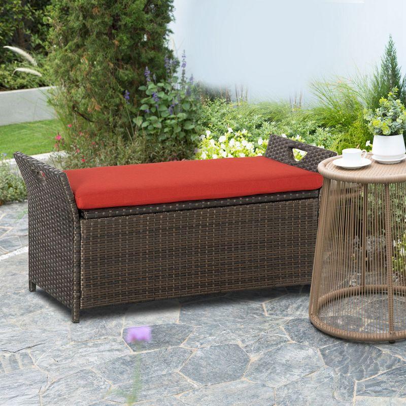Outsunny 27 Gallon Patio Wicker Storage Bench, Outdoor PE Rattan Patio Furniture, 2-In-1 Footstool Rectangle Basket Box w/ Handles & Cushion, Red