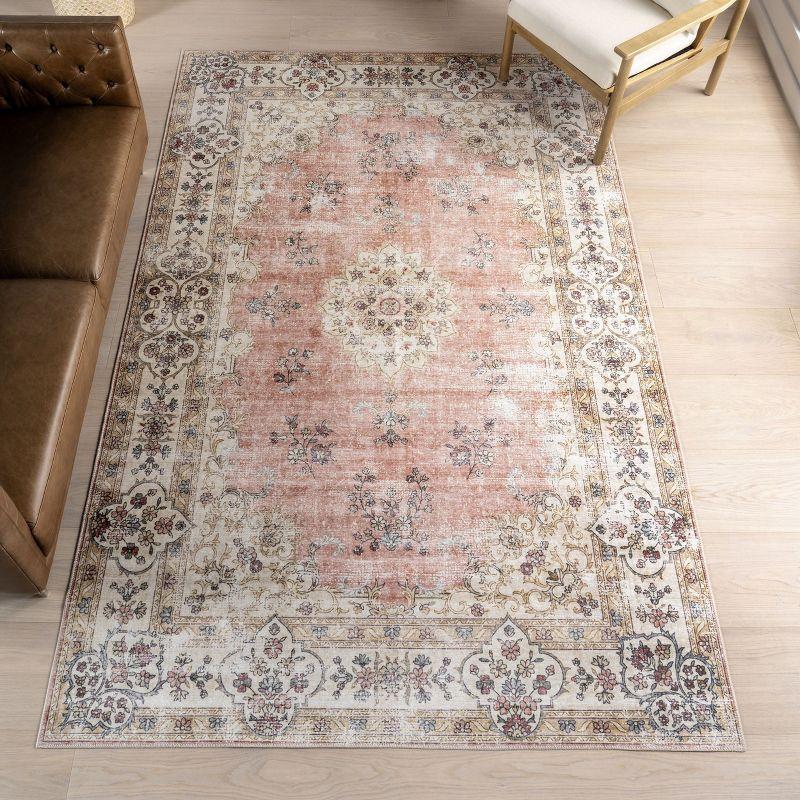 Nuloom Teja SplashGuard Persian Medallion Machine Washable Area Rug, 4' x 6', Teja Peach