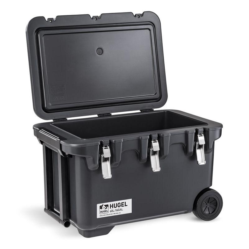 IRIS USA HUGEL 64 QT Cooler Box Insulated, Hard Cooler, Vacuum-Insulated Panels Durable Portable Ice Chest with Built-in Handle and Wheels, Black