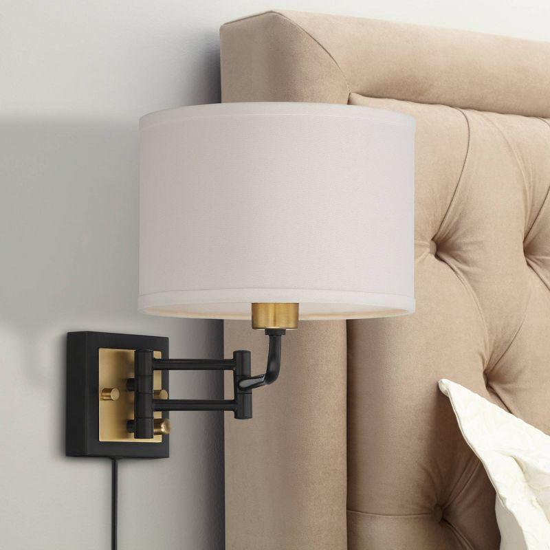 360 Lighting Joelle Modern Swing Arm Wall Lamp Brass Black Plug-in Light Fixture Fabric Drum Shade for Bedroom Bedside Living Room Reading Home House